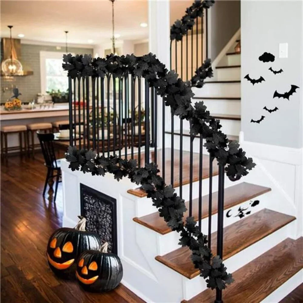 Black Maple Leaf Garland, 2PCS Halloween Artificial Hanging Fall Leave Vines